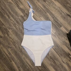 Blue and White One-Shoulder Swimsuit